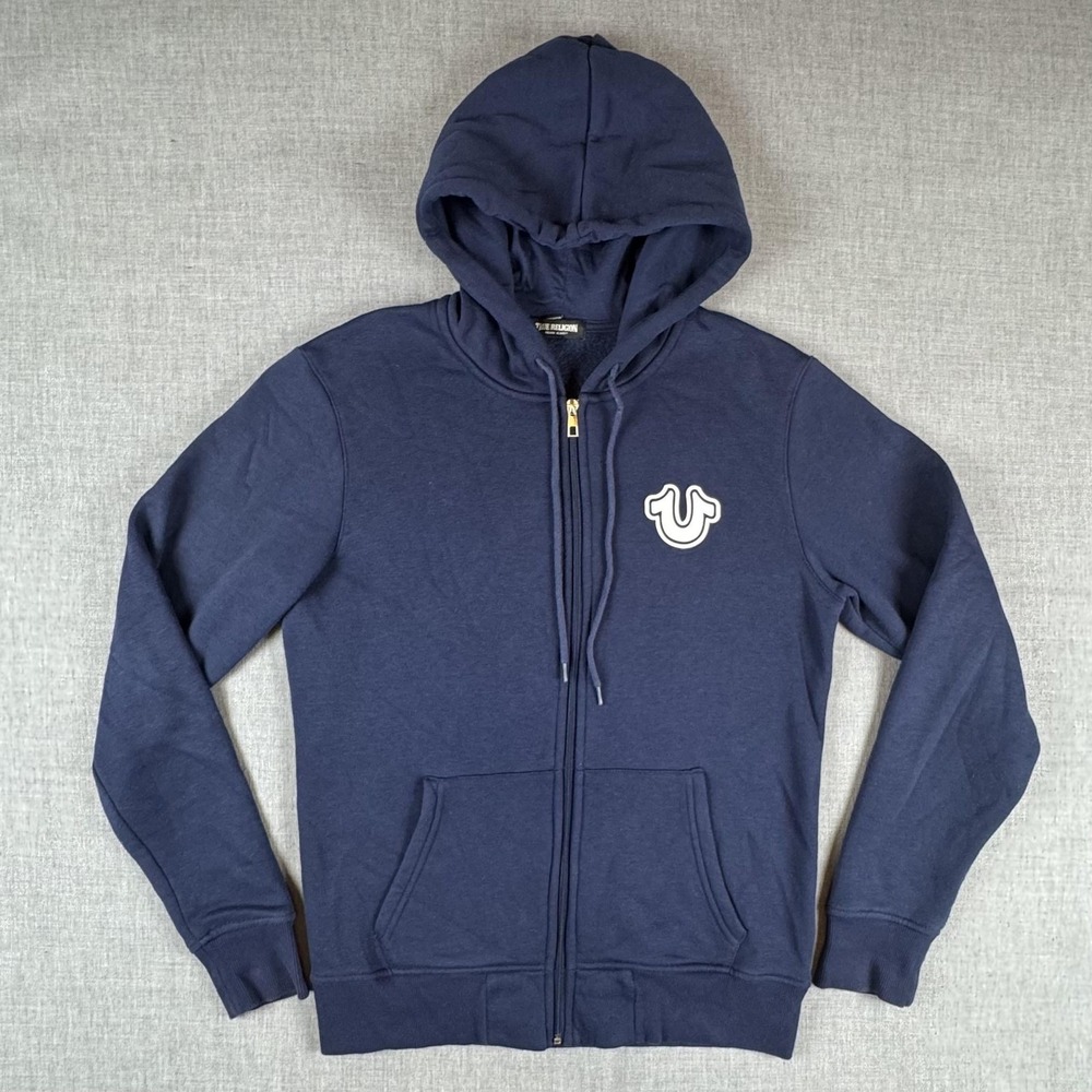 True Religion Core Hoodie Mens Small Blue Full Zip Buddha Logo Sweatshirt Fleece - Picture 1 of 11